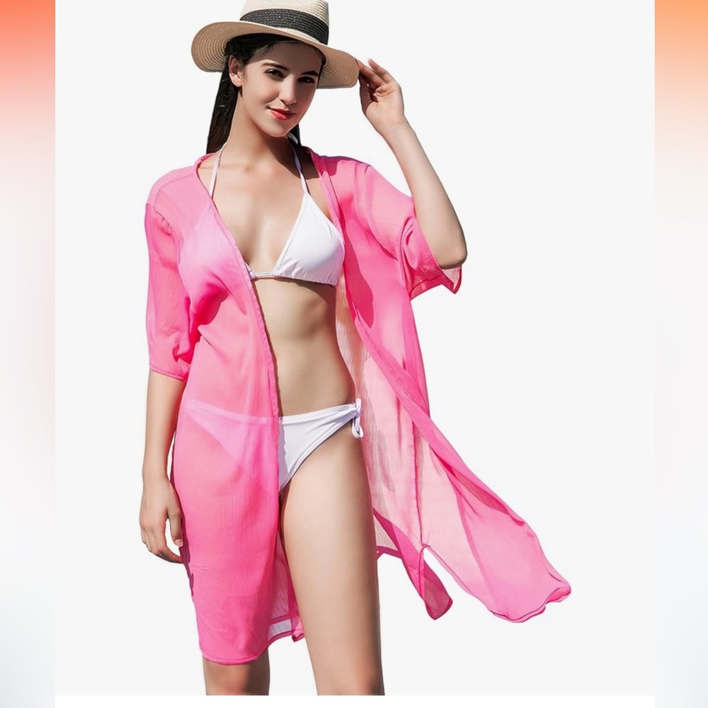 LA CARRIE Women's Chiffon Kimono Cardigan Cover Up with Half Sleeve for Bikini